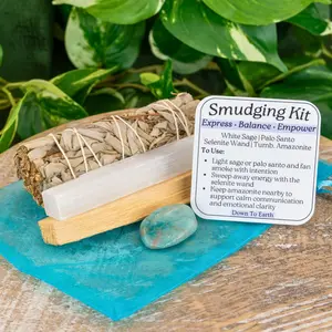 Down to Earth Amazonite Smudging Kit for Beginners - Organic White Sage Palo Santo Selenite Wand Tumbled Amazonite Crystal Sustainable Eco-Friendly Spiritual Practices