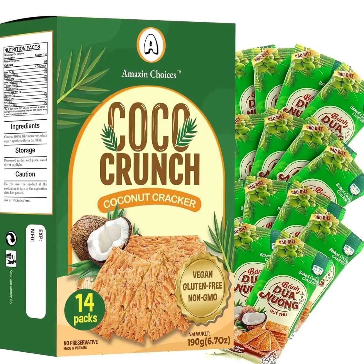 COCO Crunch Coconut Crackers by Amazin Choices – Crispy Vegan Coconut Chips, Plant-Based Toasted Cookie Thins, Healthy Tropical Snack for Adults Kids (Pack of 1)