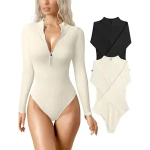 Women's 2 Piece Bodysuits Sexy Ribbed One Piece Zip Front Long Sleeve Tops Bodysuits
