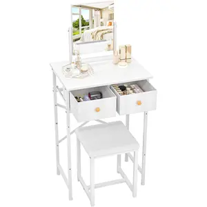 Small makeup vanity desk with mirror and chair, mini vanity desk table set with fabric storage drawer, 19.7" compact vanity desk for kids and girls, dressing table with chair for bedroom, white