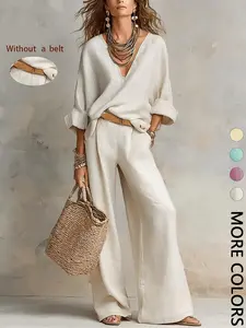 This Boho Linen Two-Piece Set is Effortless Vacation Minimalist Chic Oversized Top Wide Leg Pants Matching Outfit