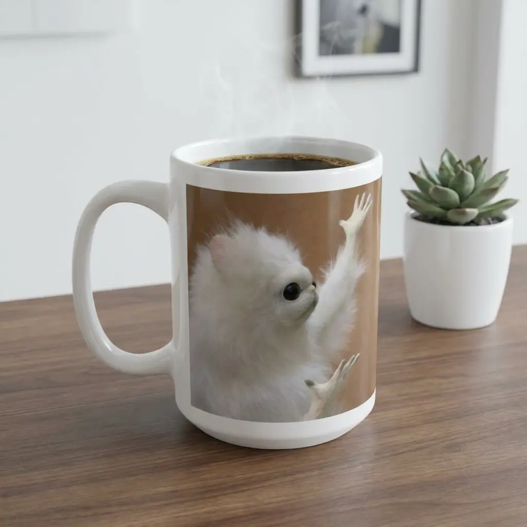 Funny Cat WTF "Why Me" Meme Mug, Confused Fluffy Creature Coffee Cup, Humorous Gift For Friends Family and Coworkers