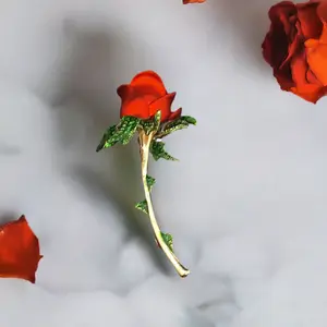 Elegant Red Rose Stem Brooch Collar Lapel Pin