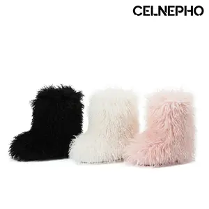 CELNEPHO Faux Fur Boots for Women Round Toe Warm Cozy Mid Calf Boots Flat Heel Fuzzy Plush Easy Pull on for Work Party Outdoor Events Gift Casual Wear Chilly Day Booty Fluffy Boots