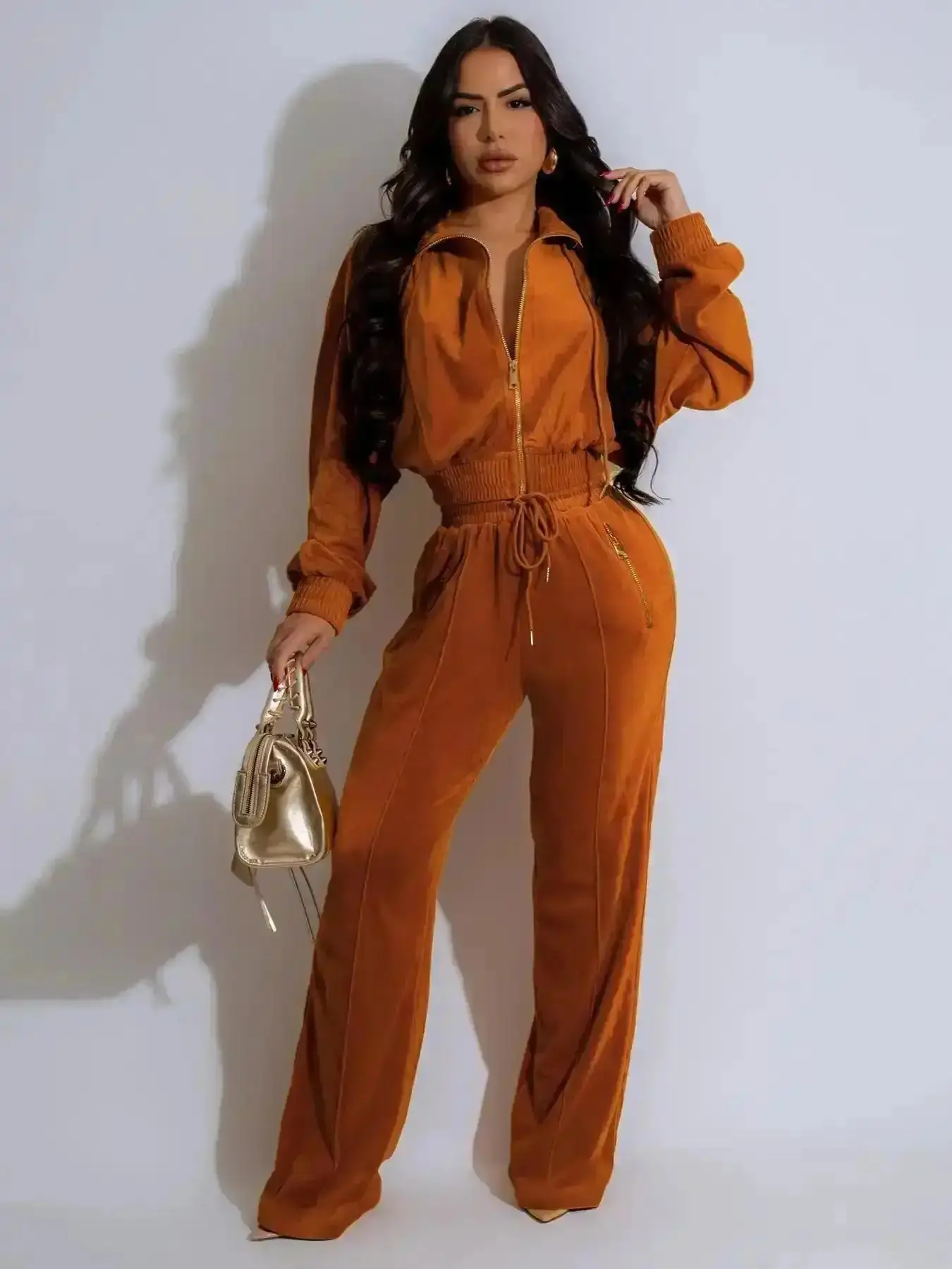 Summer Matching Set, Fashion Long Sleeve Lapel Zipper Jacket & Pants Set, Solid Casual Winter, Two-Piece Suit for Fall &, Flattering Silhouette, Autumn Style, Waist Cinching, Classy, Flexible Fit, Wardrobe Essential