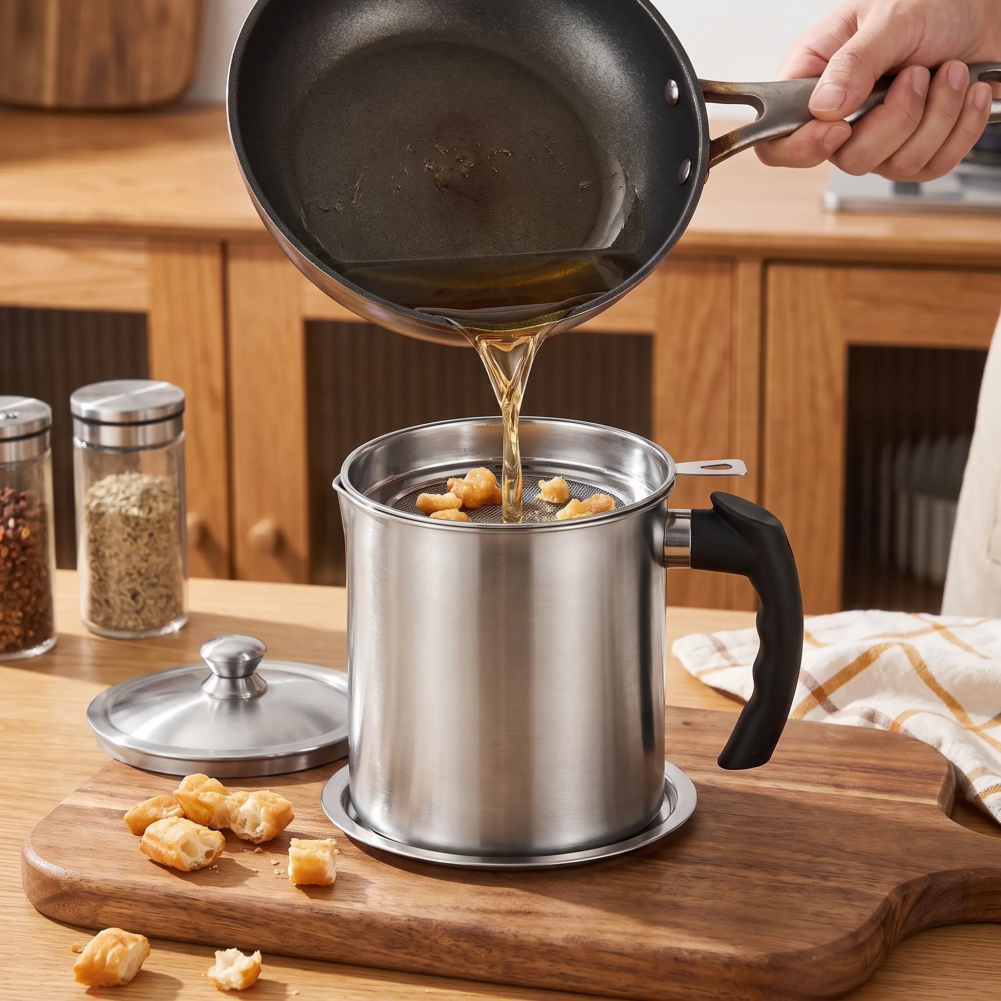 Stainless Steel Oil Strainer Pot, Grease Storage Container with Fine Mesh Filter and Lid, Kitchen Oil Separator Can