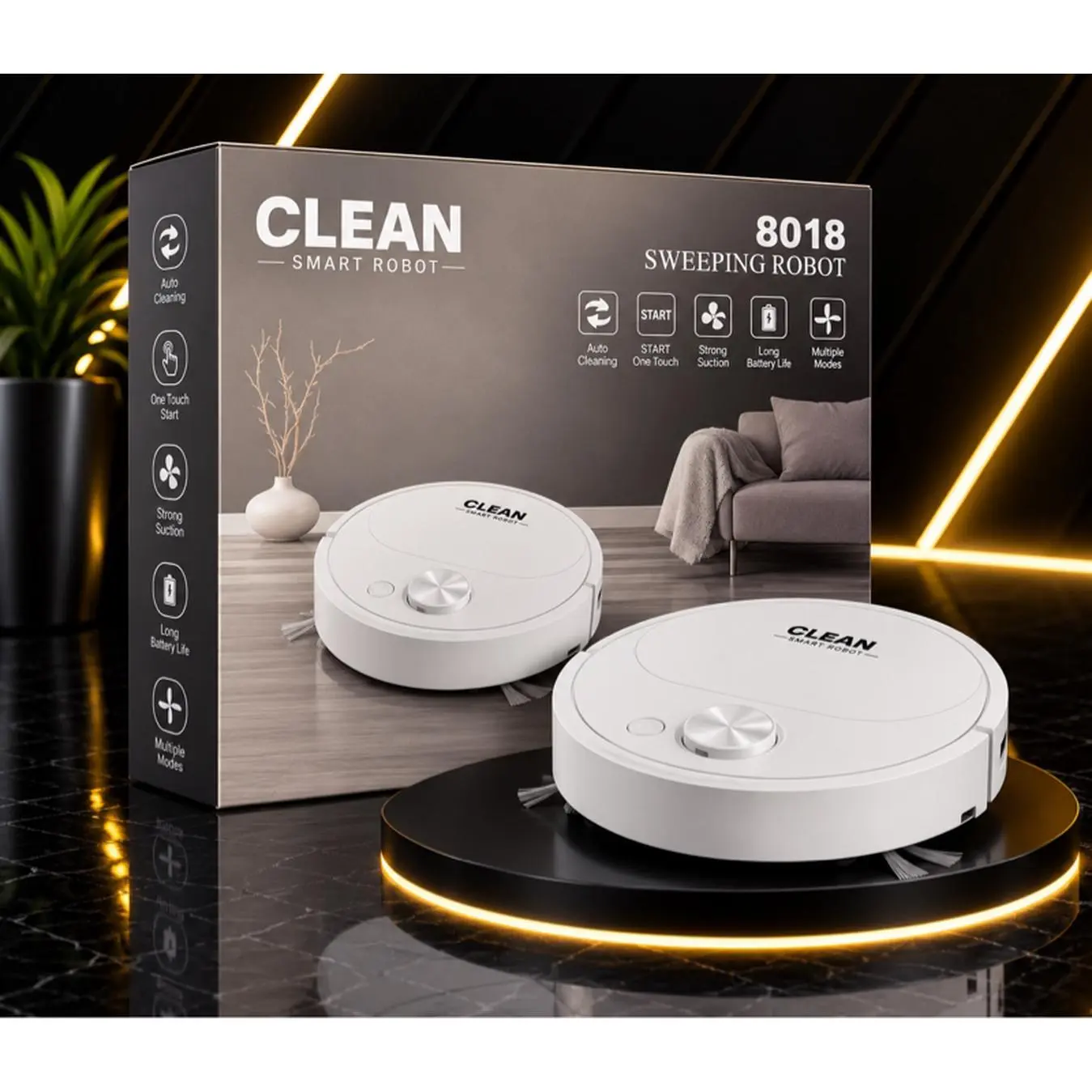 Clean 8018 Smart Robot Sweeping Robot with Auto Charging, One-Touch Start, Strong Suction, Long Battery Life, and Multiple Modes