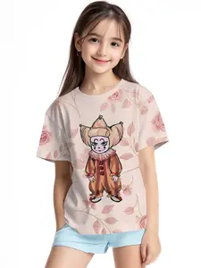Rose Base Q-version Pennywise Clown Digital Printing Summer Fashion Girls' Clothing, 100% Polyester Designed for Energetic Children, Cute Girls' Short-sleeve T-shirts, Summer Casual Children's Clothing, Outdoor Sports T-shirts