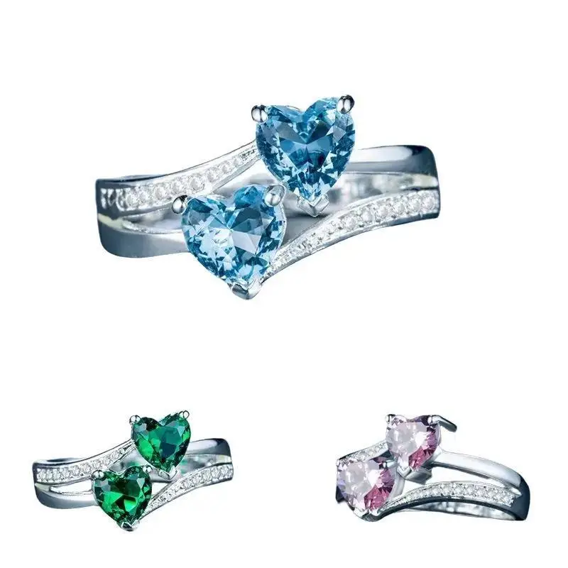 JJ CHIC Double Heart Ring for Women - S925 Sterling Silver Multicolor CZ Stones Design - Ideal Gift for Girlfriend or Wife