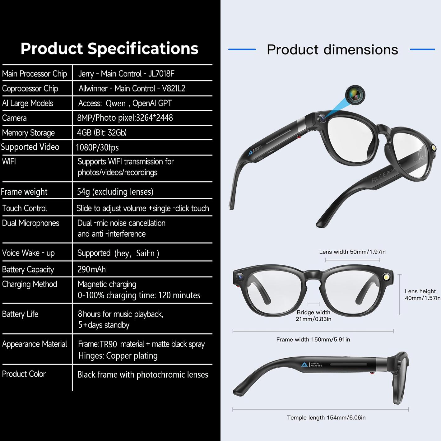 AI Smart Glasses with  8MP HD Camera,4k Photos, 1080P Video Recording , Real Time Translation, Voice Assistant,  for Travel, Meetings & Vlogging, Bluetooth Eyewear with Voice Assistant and Photochromic Lenses ,touch adjustment, next gen gadgets