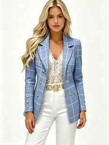 A women's fashionable blue toned waist cinched plaid suit jacket with a sharp lapel to enhance face shape, suitable for commuting to work, shopping and outdoor activities, indoor and outdoor dressing