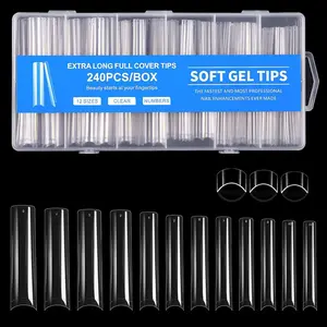 Long Square Nail Tips, 240Pcs Half Cover Soft Gel Nail Tips Pre-Etched 3XL Square Clear Acrylic False Nail Fake Nail Extension Press On for Salon Home DIY 12 Sizes