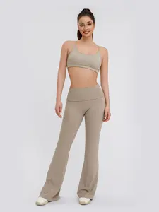 Double Belt Belt Tummy High Waist Fitness Pants Flared Pants Casual Stretch Waist Women's Pants Womenswear Bottom Bridal Basic Khaki Minimalist