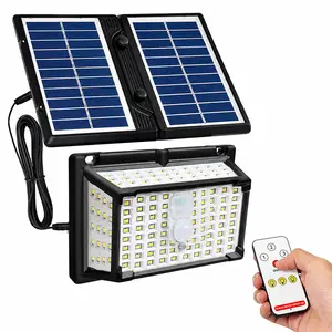 Dual Panel Solar Motion Sensor Flood Light, 190 LED, IP65 Waterproof, Dusk to Dawn, 3 Modes, Switch & Remote Control, Outdoor Solar Light for Yard, Patio, Garden, Porch, Garage