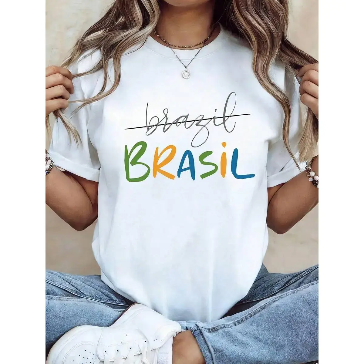 Women's Brazilian-Style Printed Round Neck Short-Sleeve Cotton T-Shirt - Unisex Versatile Daily Wear Casual Top for Spring & Summer (Womenswear Apparel), Shortsleeve, Tshirt