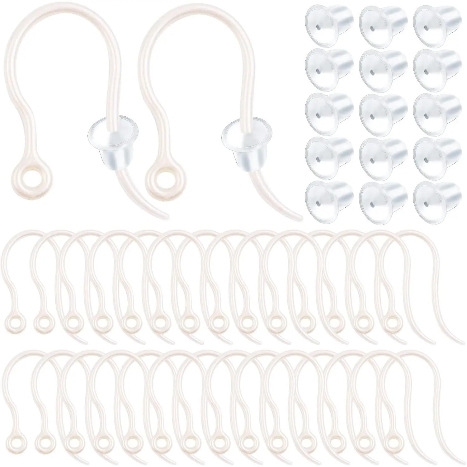 100pcs Clear Plastic Earring Hooks Ear Wire with Loop French Fish Hooks and 100pcs Transparent Earring Stoppers for DIY Earrings Jewelry Making Craft Decoration