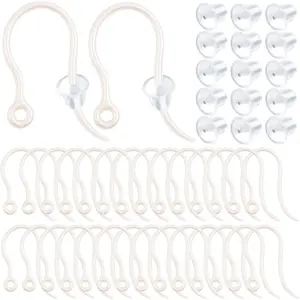 100pcs Clear Plastic Earring Hooks Ear Wire with Loop French Fish Hooks and 100pcs Transparent Earring Stoppers for DIY Earrings Jewelry Making Craft Decoration