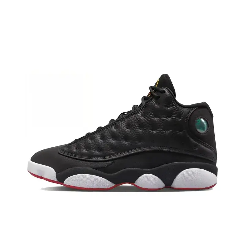 Classic retro basketball kicks! Black leather with leopard bump texture, green holographic heel logo. White midsole + red outsole edge, timeless colorway. Cushioned fit for game and daily street style, versatile unisex sneakers.