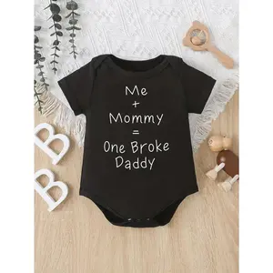 Cute Baby Bodysuit With Me Plus Mommy Equals One Broke Daddy Print Soft Versatile Round Neck Button Detail Regular Fit All Seasons Knitted Fabric Onesie
