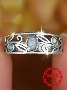 Vintage Engraved S925 Silver Ring with Opal Stone, Unisex Fashion Jewelry, Perfect Birthday Gift, Stylish and Versatile