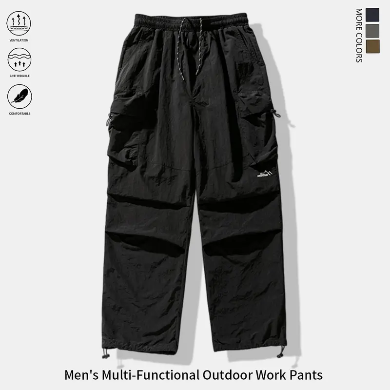 Men’s multi-pocket loose cargo pants, breathable and quick-drying outdoor workwear for hiking and camping, featuring a wide-leg design suitable for mountaineering, fishing, and everyday streetwear; men’s clothing, men’s hiking pants. fit sport pant