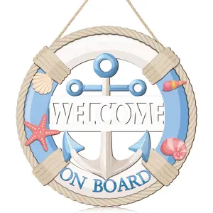 IARTTOP Coastal Welcome Sign for Front Door Sea Shell Starfish Wall Hanging Sign Nautical Anchor Decor Beach Themed Door Hanging Summer Ocean Decor for Home Bathroom Outside 11.4"x11.4"