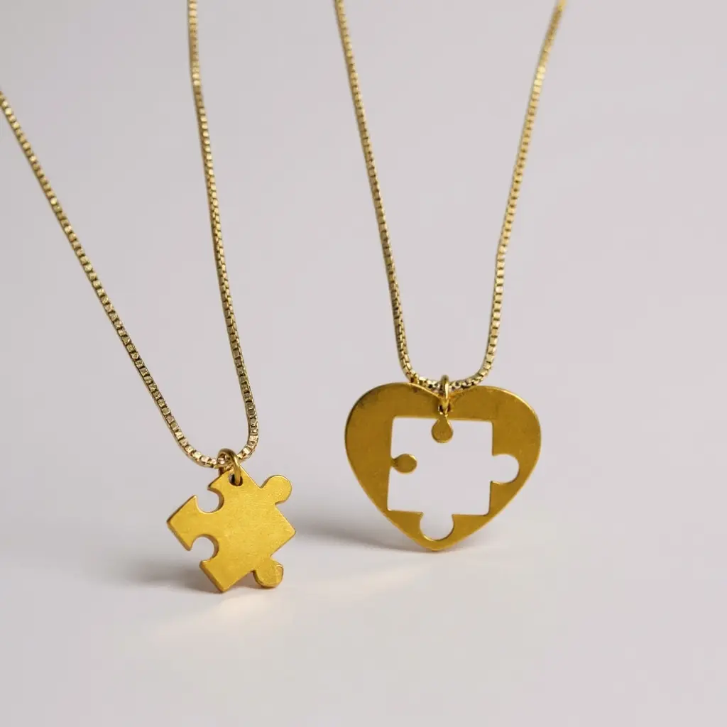 Didiray 14k Gold Plated Heart Puzzle Pendant Chain Set for Couples Friends & Family with 19 Inch Length Premium Finish & Lasting Shine Jewelry