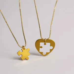 Didiray 14k Gold Plated Heart Puzzle Pendant Chain Set for Couples Friends & Family with 19 Inch Length Premium Finish & Lasting Shine Jewelry