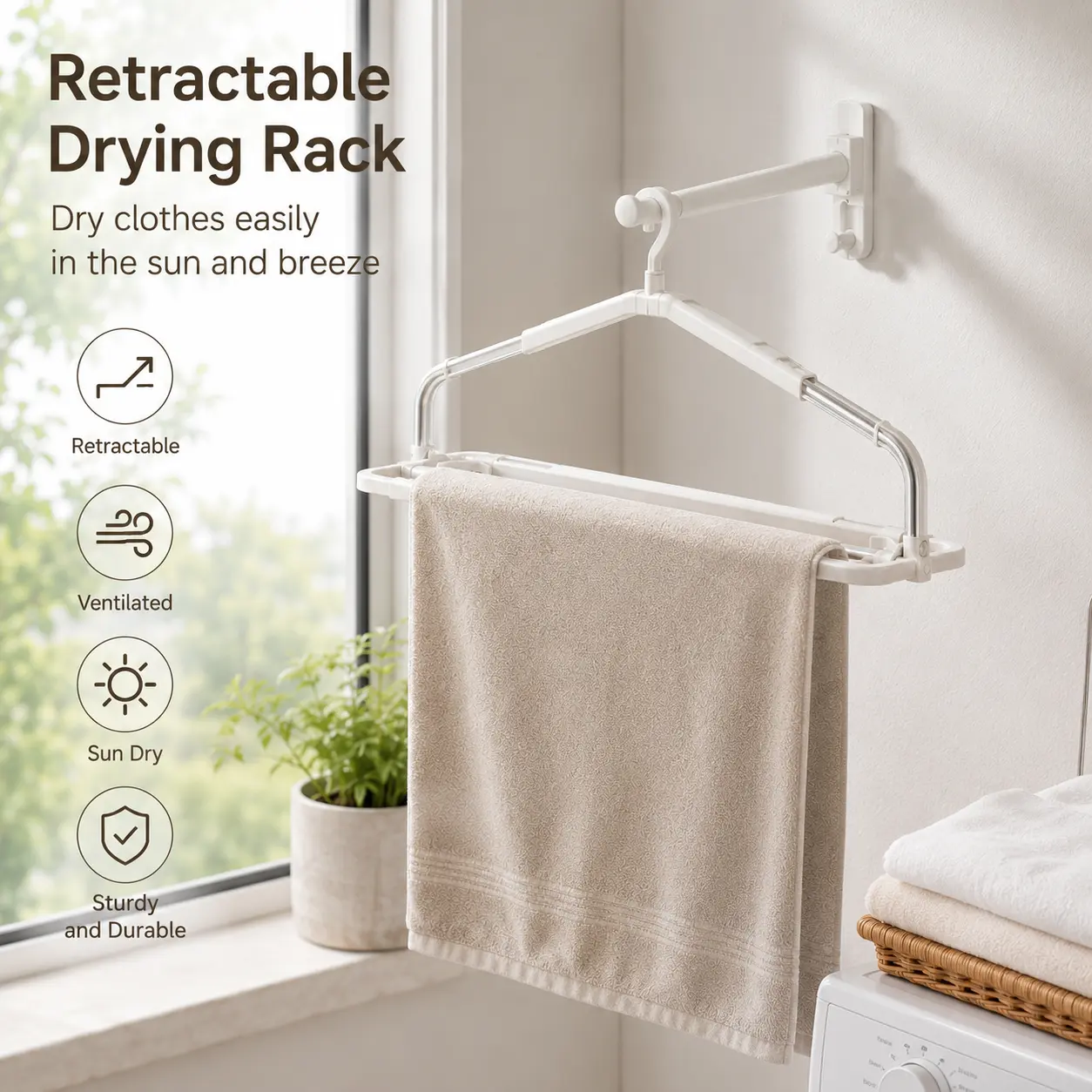 1 Count, Foldable Retractable Clothes Drying Hanger, 360 Degrees Rotatable Hook Space Saving Hanging Rack for Bathroom Laundry Towels and Garments