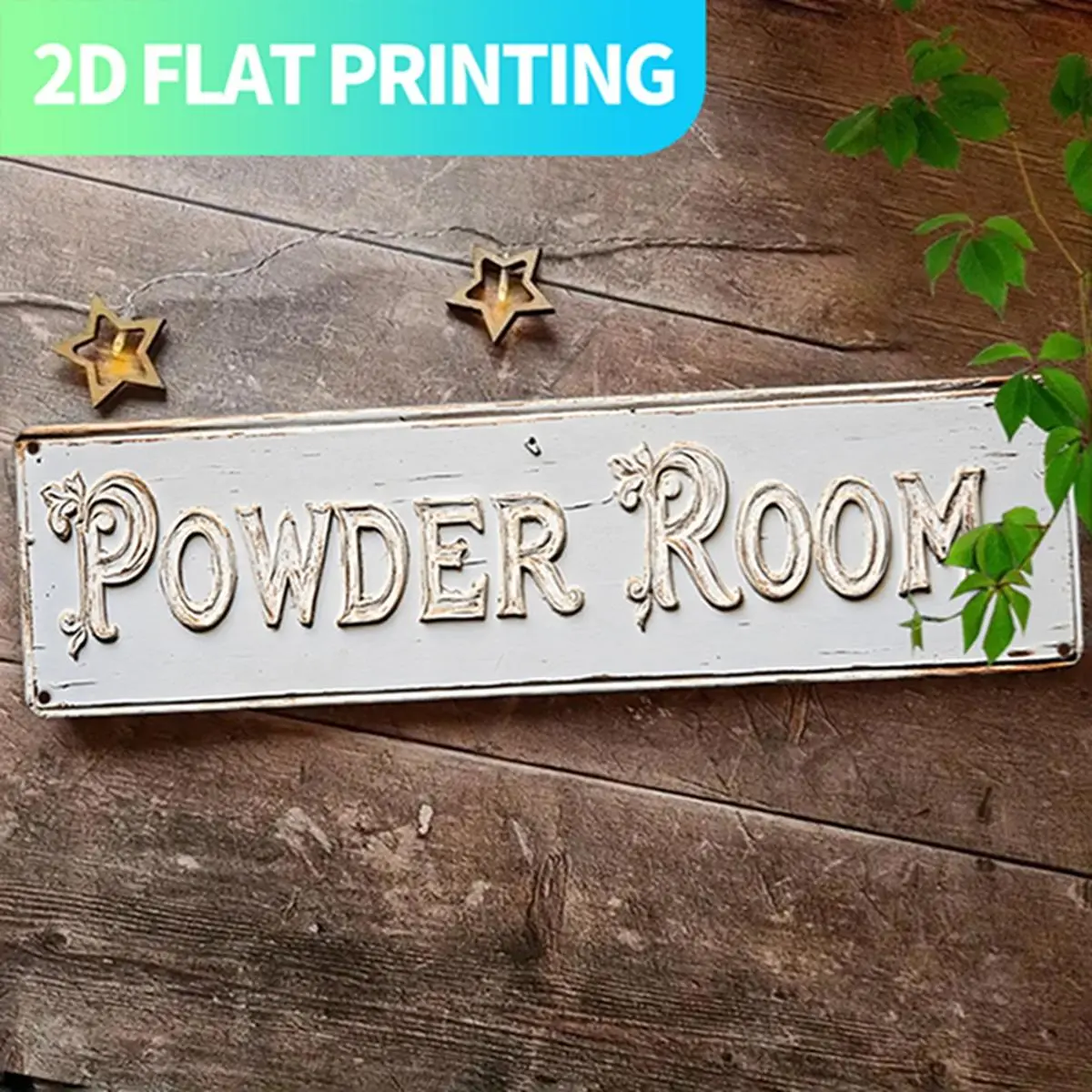 2D Flat, 1pc Vintage "POWDER ROOM" Metal Wall Sign - Large 15.7x3.9 Inch Rustic Farmhouse Decor with Distressed White & Golden Lettering, Pre-Drilled Holes for Easy Hanging - Durable Aluminum Powder Room, Laundry Room, Kitchen, Porch Decoration - Elegant