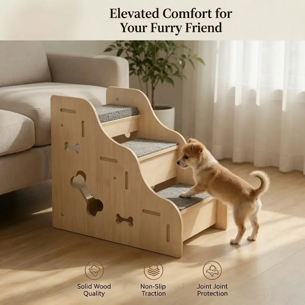 Solid Wood Dog Stairs for Bed & Sofa - 3/4 Step Anti-Slip Pet Steps with Carpet Cushioning for Senior Dogs, Short Legs & Arthritis