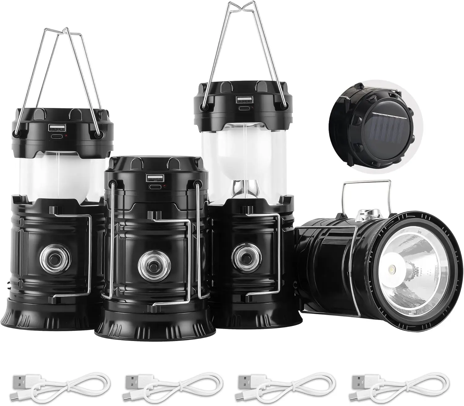 4-Pack Collapsible Portable LED Camping Lantern Lightweight Waterproof Solar USB Rechargeable Flashlight for Indoor/Outdoor Emergency Use