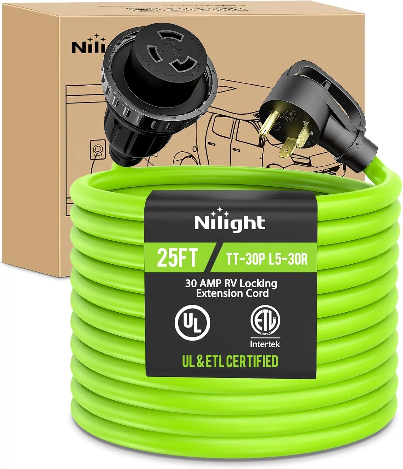 Nilight 30A 25FT Locking Fluorescent RV Extension Cord, 125V 3750W Heavy-Duty 10/3 Gauge Pure Copper Twisted Wire, UL ETL Listed 3-Prong TT-30P L5-30R, Outdoor Weatherproof, Cable Management Cord Reels for Campers