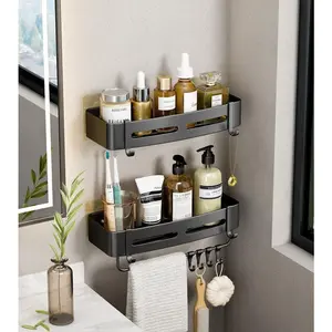 Shower 2 Pack with Rack and,No Drilling Aluminium Shower Organizer for&,Secured with Nail-Free Glue,Rustproof Shower Rack Basket (Black)