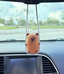 Crochet Capybara Car Mirror Charm, Handmade Rearview Ornament, Car Accessory Gift