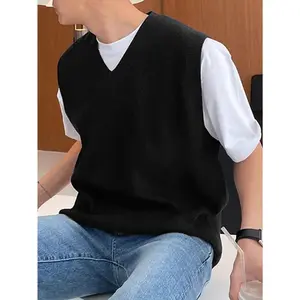 [Men's Beige Cardigan] Beige V-Neck Sleeveless Knit Cardigan |     Men's Casual Fall/Winter Layering Piece, Regular Fit, Solid Color,