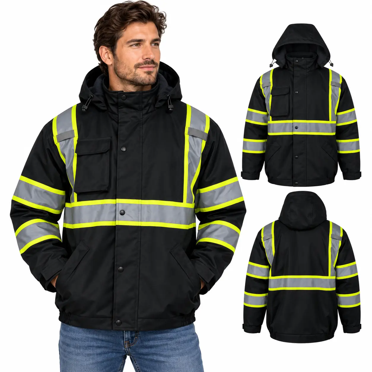 Men's Black Reflective Hooded Work Jacket with Yellow-Trim Tape