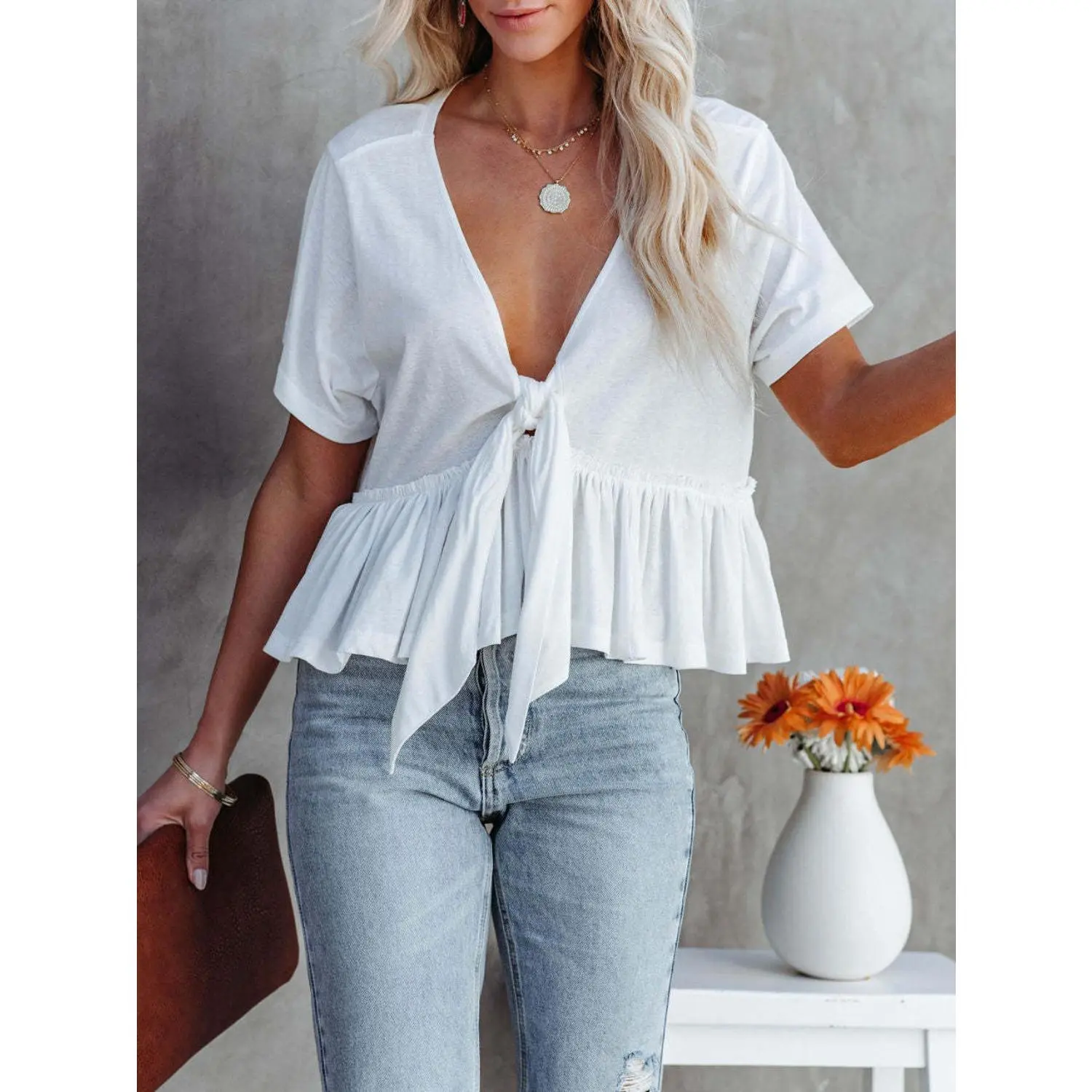 Tied Plunge Short Sleeve Blouse
