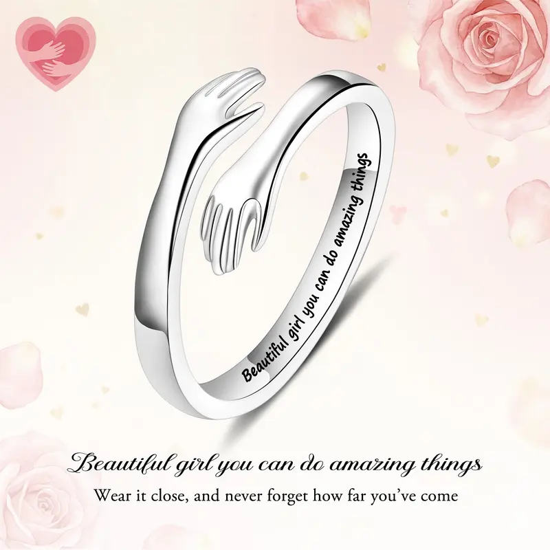 Women's Adjustable S925 Sterling Silver Heart Hug Ring - Engraved Empowering Quote, Exquisite Polishing, Fade-Resistant, Nickel-Free, Sizes 4-10, Valentine's Day Gift for Adult Girlfriend, Fashion Jewelry Accessory, Unique Rings