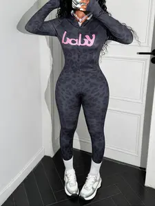 Women's Casual Leopard Print Hoodie Set, Letter Print Zipper Long Sleeve Sweatshirt Two-Piece, Comfortable Sporty Style for Daily Wear