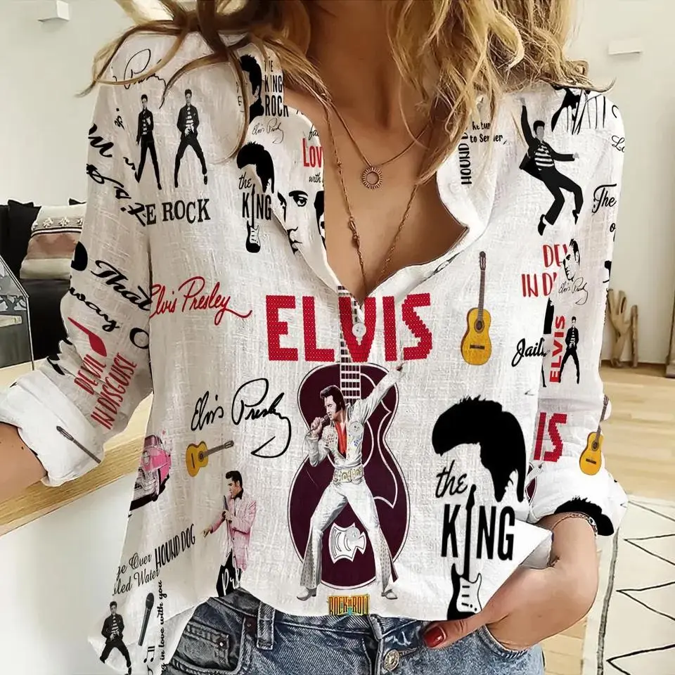 Elvis Presley Hound Dog Blouse, Slub Linen Look Shirt, Devil in Disguise Retro 50s Music Fan Vintage Gift Top
