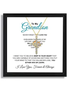 1 piece gold crown cross pendant necklace for Valentine's Day and birthday blessings to grandson with greeting card and box Love Heart Necklace Heart Shaped Necklace