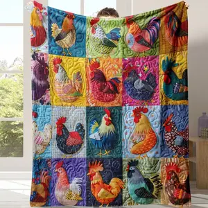 Vintage Geometric Patchwork Blanket with Rooster Design, Luxury Flannel Throw, Soft and Warm, Perfect for Home, Bedroom, Sofa, Travel Gift