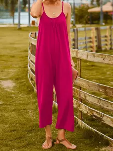 Solid Color Slip Pocket Loose Suspender Jumpsuit