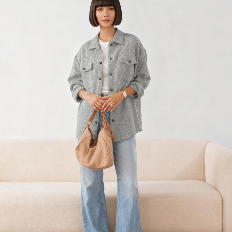 Women's Shacket Jacket with Pockets Casual Fall Coat Long Sleeve Flannel Shirts Button Down Collared Winter Clothes Fit Outfits Soft Warm Chic Oversized Tops