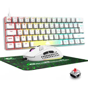 60% Gaming Keyboard and Mouse Combo, Small Mini RGB Backlight Mechanical Keyboard and Ultralight Honeycomb Optical Mouse, Mouse Pad, Linear Red Switch Anti-Ghosting For Xbox, PS4, PC, Laptop(White)