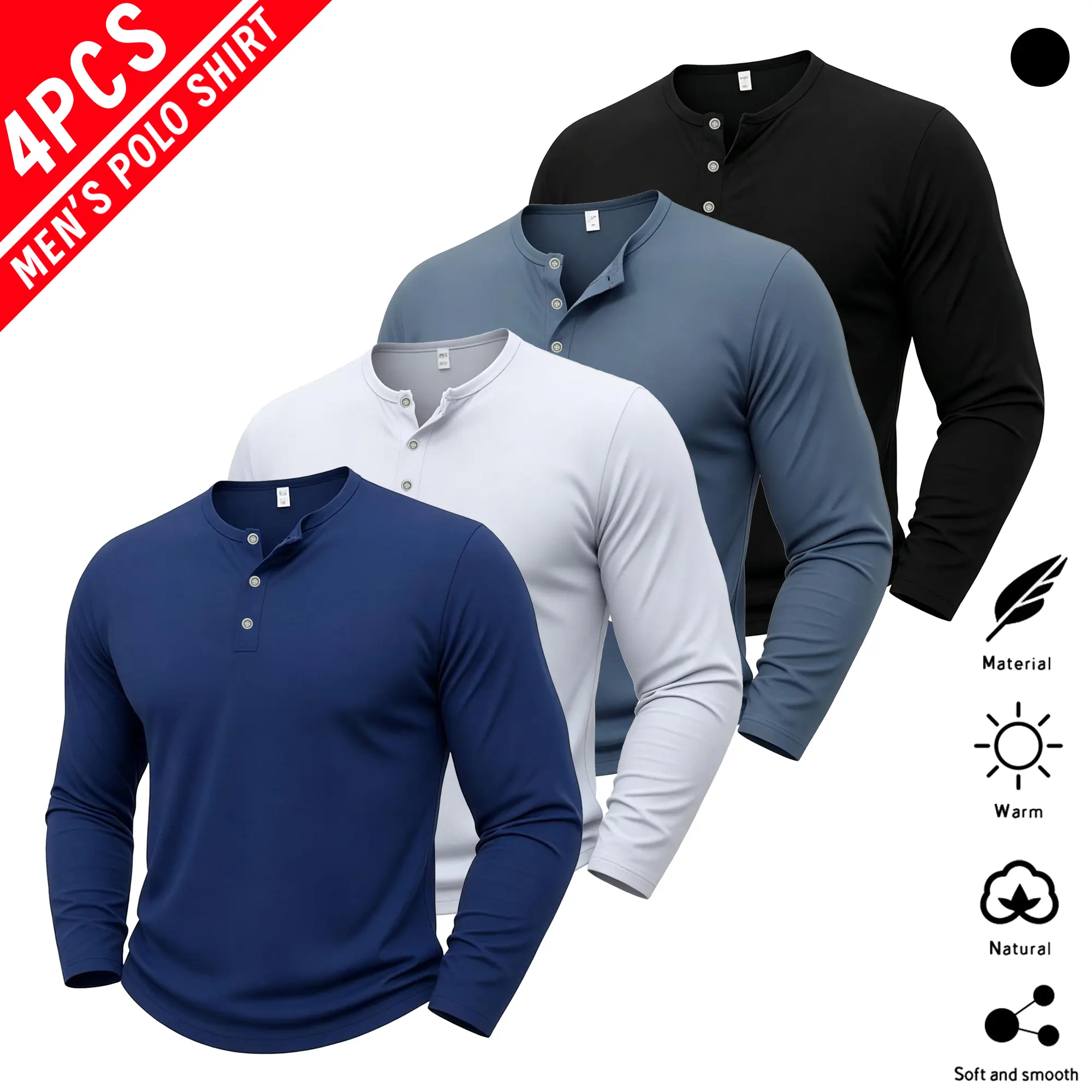Men’s long-sleeve Henley shirt set (4 pieces), multiple combinations, dark color palette, versatile styling, skin-friendly and comfortable for everyday wear; golf shirts and polo shirts.