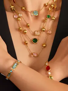 ICED CHICS Fashionable hip-hop titanium steel glass necklace, a translucent colored jewelry accessory, suitable for dates, gifts, parties, and both men and women, Exquisite Chain Jewelry