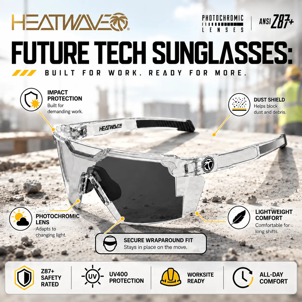 HEATWAVE Future Tech Safety Sunglasses – VAPOR CLEAR Frame, Photochromic Color Changing Lenses, ANSI Z87+ Rated, UV400 Protection, Lightweight Wraparound Safety Glasses for Construction, Outdoor Work & Sports