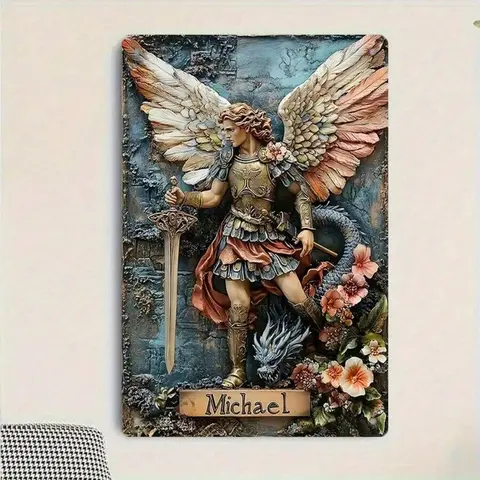 Retro Religious Flat-Design Art Iron Wall Sign - St. Michael Angel Metal Tin Plaque, 8x12in 8x12 Wall Fit Multicolor Home Decoration, Easy-Mounting Home Decor for Living Room Spiritual Accent, Christmas Use
